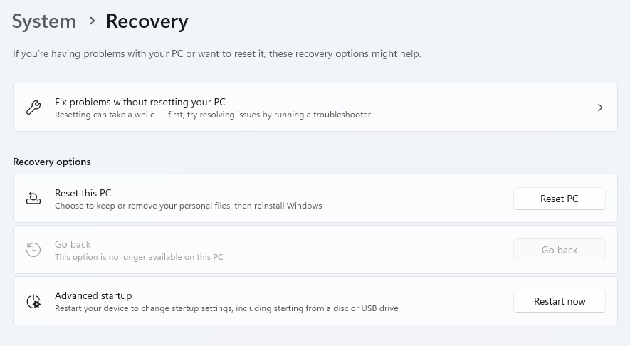 Windows Recovery Settings
